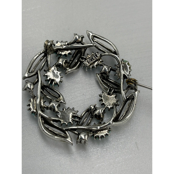 Vintage Signed LISNER Brooch Wreath Round Silver Tone Faux Turquoise Blue Stone - Picture 4 of 5